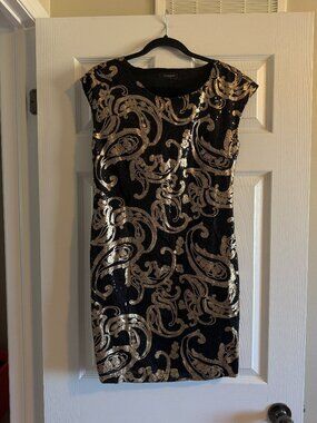 Reserved Black & Gold Sequin Paisley Shift Dress Size 36